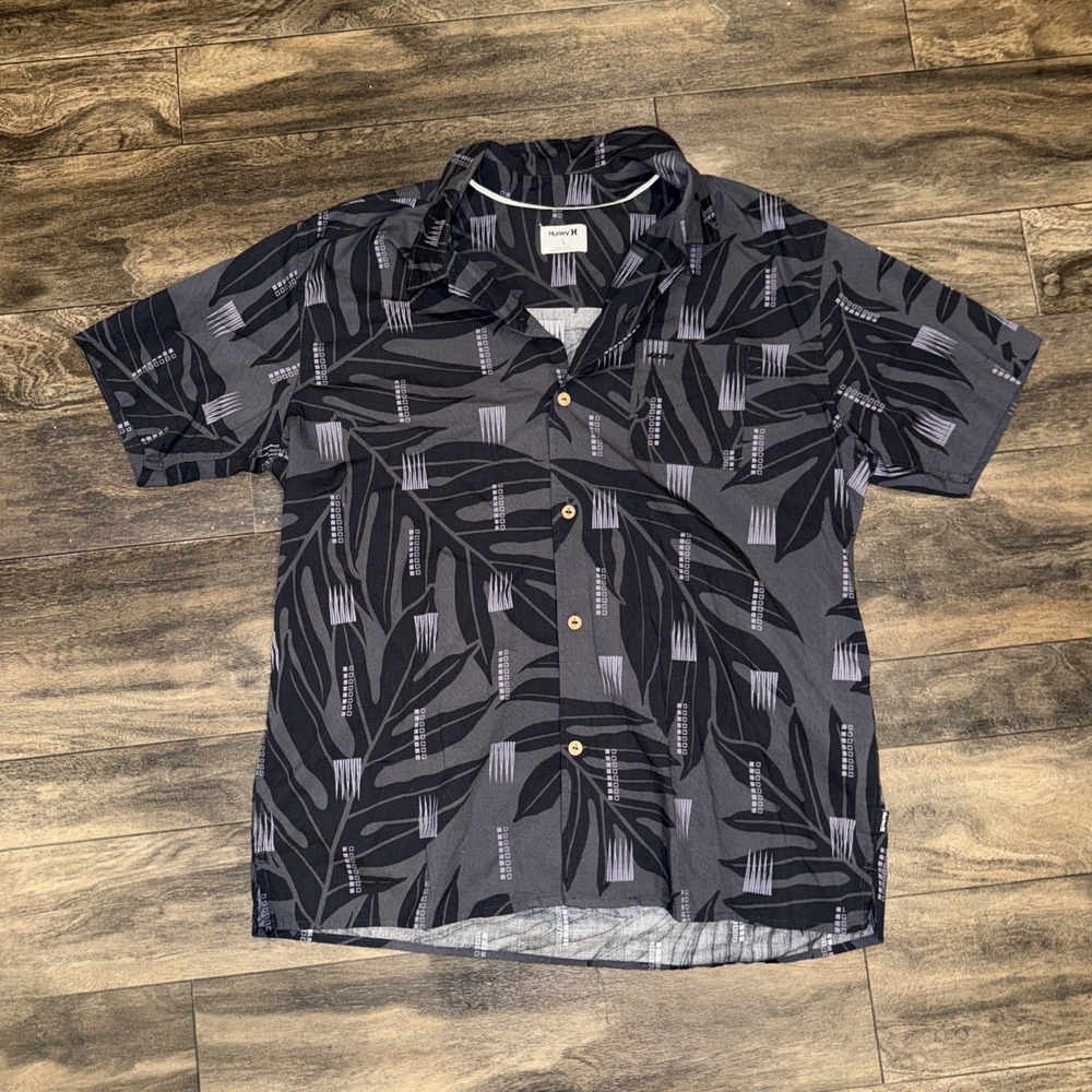 Hurley x Sig Zane Polo Hawaiian Button-Up Shirt Men's Size L Grey Short-Sleeve